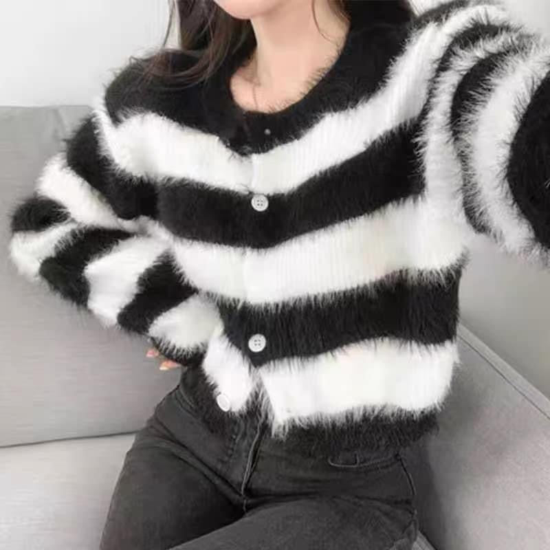 Korean chic autumn and winter retro temperament round neck single-breasted color striped mohair long-sleeved knitted sweater women's