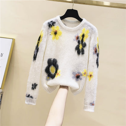 Mohair Flower Jacquard Round Neck Pullover Sweet Sweater Women 2022 Spring and Autumn New Arrivals Loose Outer Wear Knitwear Fashion