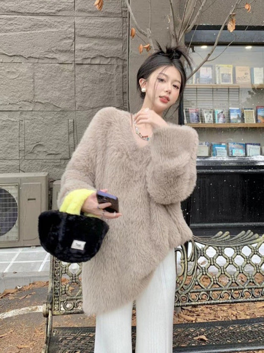 Autumn and winter women's suit design feeling lazy imitation mink fur V-neck sweater