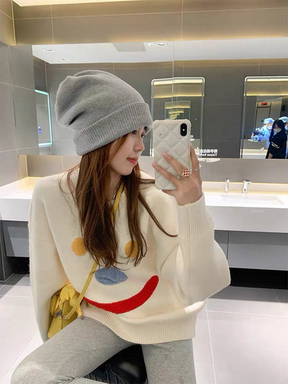 Zeng Xiaoxian women's wear black and white smiley pullover sweater women's outer wear loose soft glutinous Korean design knitted top