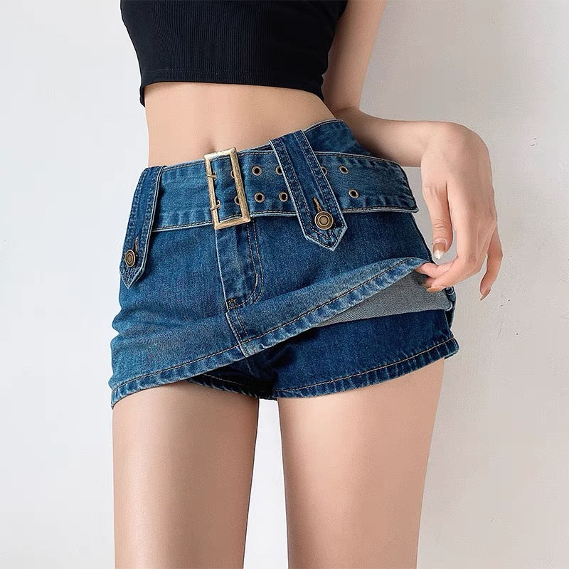 European and American street shooting personality belt denim skirt women's summer tight high waist thin skirt anti-shine bag hip skirt 1511