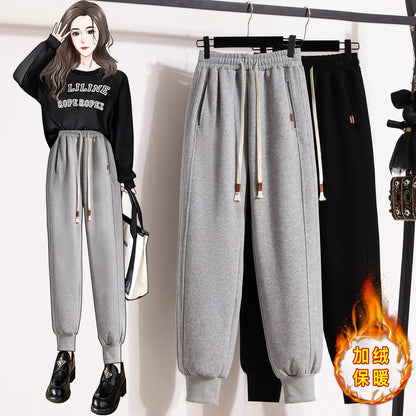 Grey sweatpants high waist and thin 2022 new autumn and winter loose warm plus velvet leggings casual pants