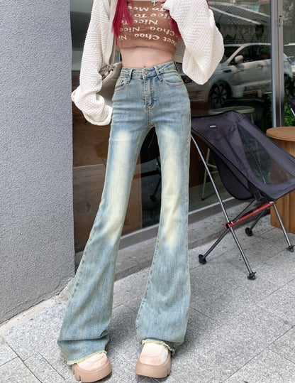 Spice Girls High Waist Raw Edge Retro Jeans Women's Spring and Autumn Small Man Looks Thin Micro Flared Pants Horseshoe Mopping Trousers