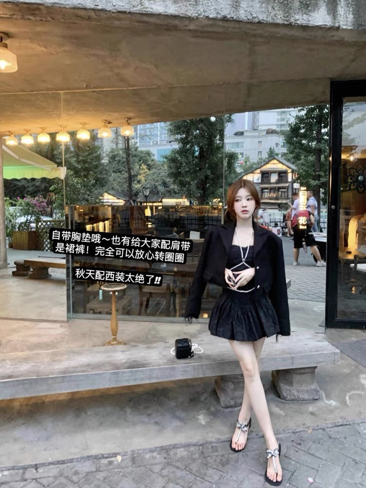 DoggyQin Pearl Girl/One Word Tube Top Dress Feminine Hollow Waist A-Line Short Skirt Little Black Dress