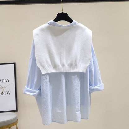 Light blue knitted shawl two-piece shirt women's 2023 spring new loose casual BF style thin white shirt