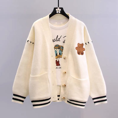 Japanese cartoon bear sweater jacket women's winter 2022 new loose design college style knitted cardigan