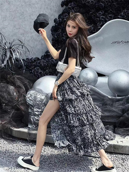 2023 spring and summer fashion all-match slim waist short-sleeved top + high waist slit floral skirt two-piece set