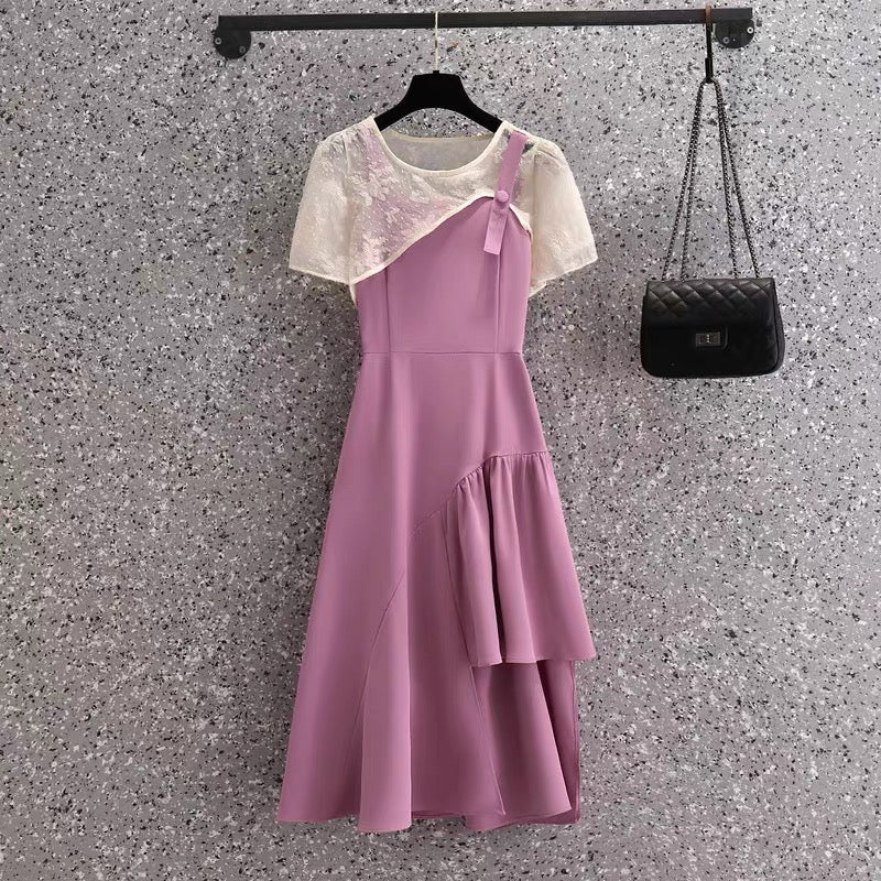 282 large size women's summer new fat MM foreign style is thin and irregular suspenders vest dress two-piece