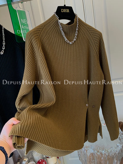 DHR Temperament Half High Collar Button Slit Thick Sweater Bottom Sweater Knitwear Women Loose All-match Slim