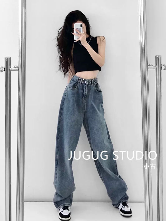 JUGUG mopping buckle jeans women's spring and summer new loose high waist drape all-match straight slim wide-leg pants