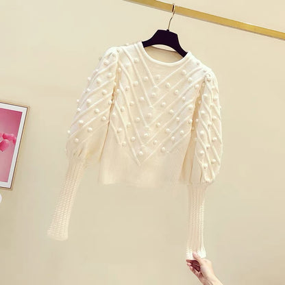 Handmade three-dimensional fur ball round neck pullover puff sleeve knitted sweater women's 2022 autumn and winter new Korean style casual sweater trend