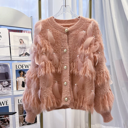 2022 autumn and winter new design sense loose temperament hand-beaded feather tassel knitted cardigan coat sweater women