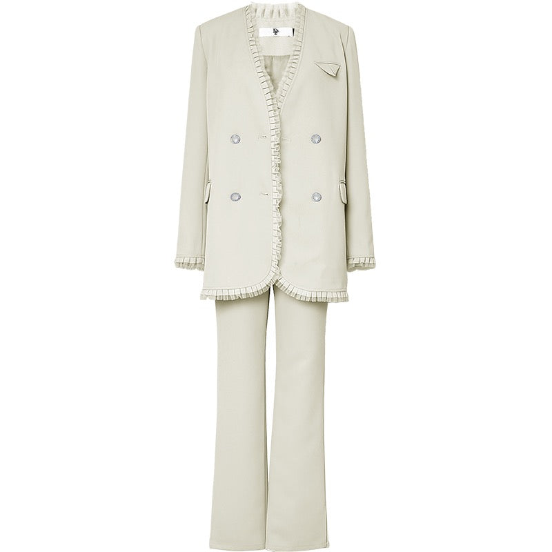 Women's Double Breasted Blazer and Pants Set - Extra Long Jacket - Apricot