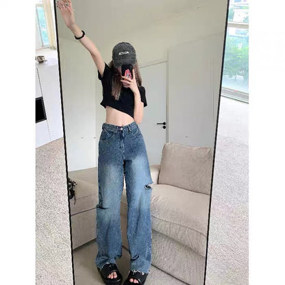 kumikumi blue jeans loose wide leg ripped pants summer raw edge straight pants high waist mopping pants women 2221