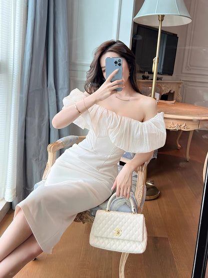 European station French ladies temperament one-shoulder fairy dress women's 2022 new summer waist slimming hip skirt