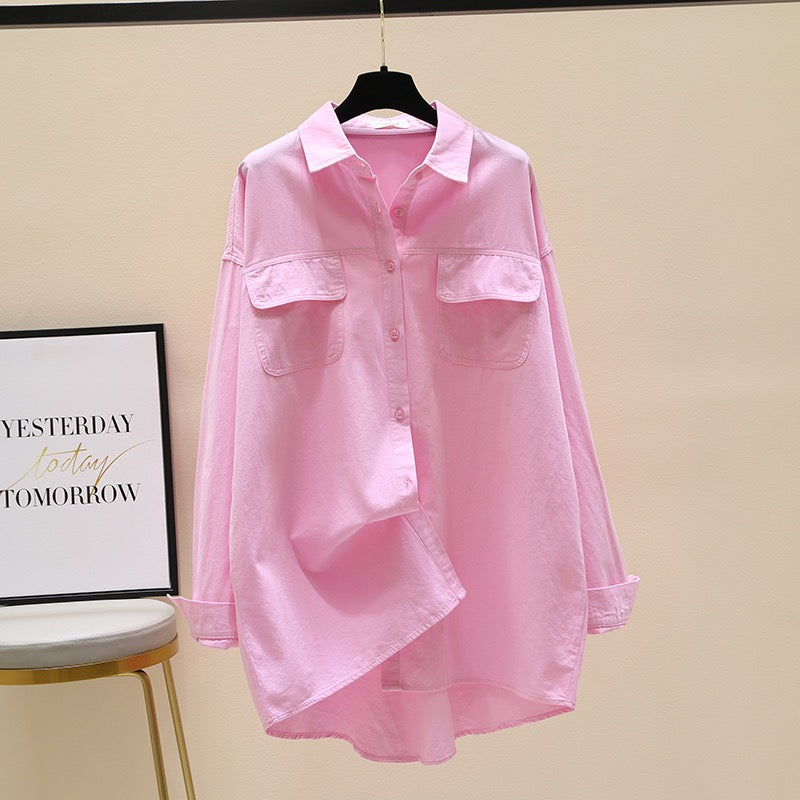Pink mid-length shirt women 2023 spring and autumn new Korean style design loose casual shirt long-sleeved top