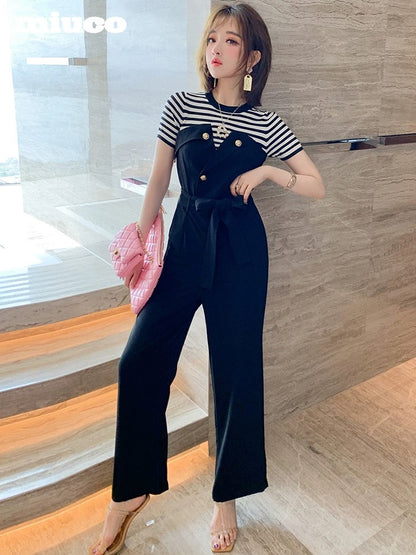 miuco temperament striped stitching belt waist cover meat thin straight jumpsuit women's 2022 summer new