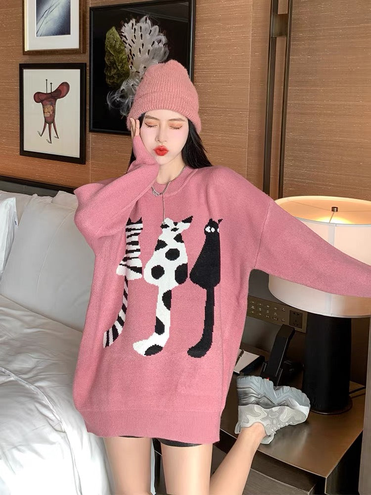 Pink milk fufu sweater women's loose pullover lazy style Korean style autumn and winter thickened medium and long outerwear knitted sweater