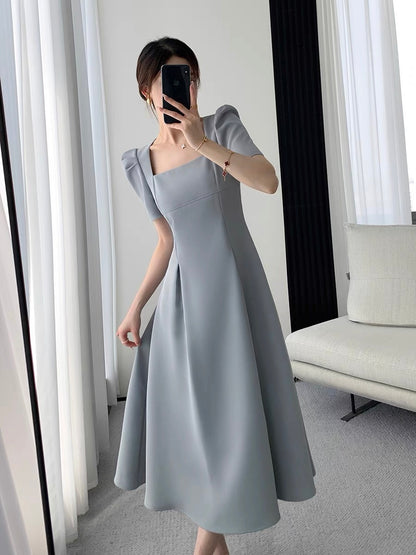 Guoge custom square neck dress 2022 summer new waist slim temperament goddess fan puff sleeve long skirt