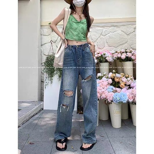 kumikumi hot girl ripped straight pants jeans women's summer high waist beggar pants loose wide leg pants long pants 1117