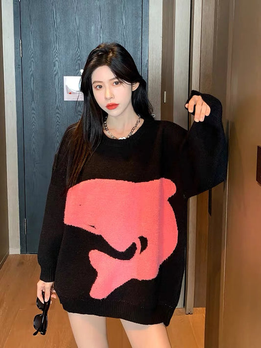 Black cartoon jacquard sweater women's autumn and winter thickened pullover loose fashion all-match medium long lazy style