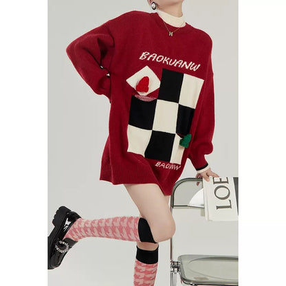 LLL LAB/New Year's Red Sweater Women's Design Sense Small Medium and Long Checkerboard Sweater Women's Autumn and Winter Atmosphere 1645