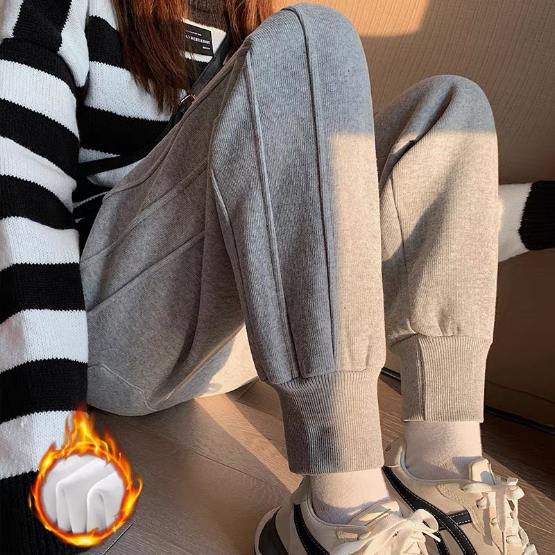 Sports pants women's autumn and winter plus velvet thickening small elastic waist high fashion all-match fried street beam feet harem sweatpants