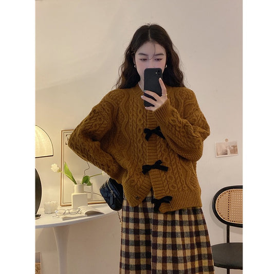 Bowknot thickened sweater women's autumn and winter 2022 new design loose long-sleeved twist-knit cardigan