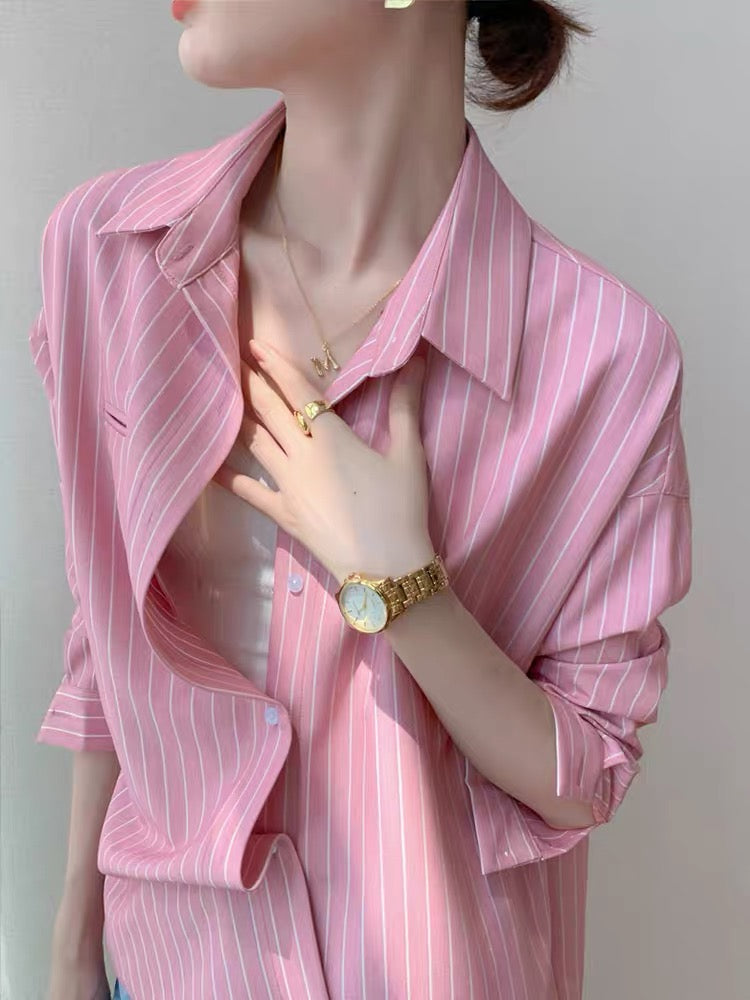 French pink striped shirt women's 2022 spring new design small long-sleeved loose and thin salt shirt