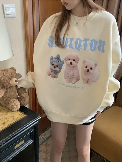 Kumikumi round neck long-sleeved lazy pullover plus fleece sweater women's autumn loose all-match dog print top