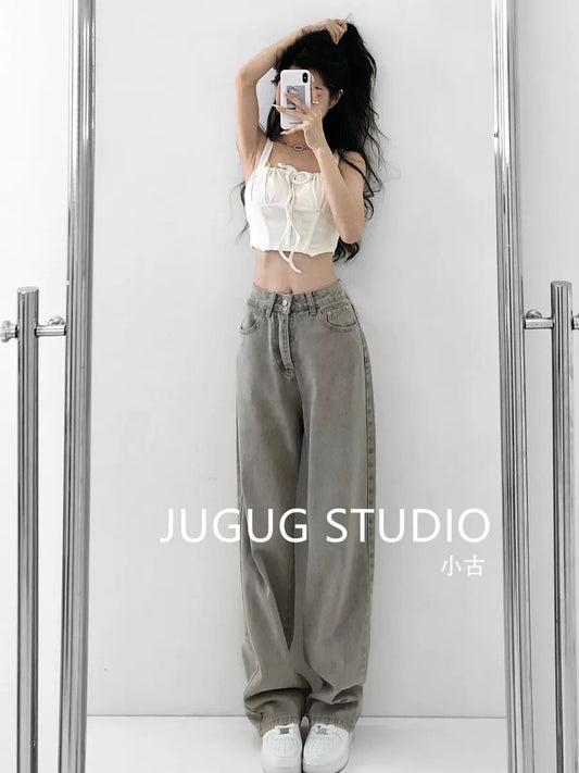 JUGUG smoky gray straight jeans women's 2022 spring new high street loose and thin sagging wide-leg pants