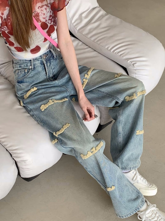 Contrasting color letter embroidery jeans women's summer retro Hong Kong style straight trousers high waist loose wide leg mopping pants