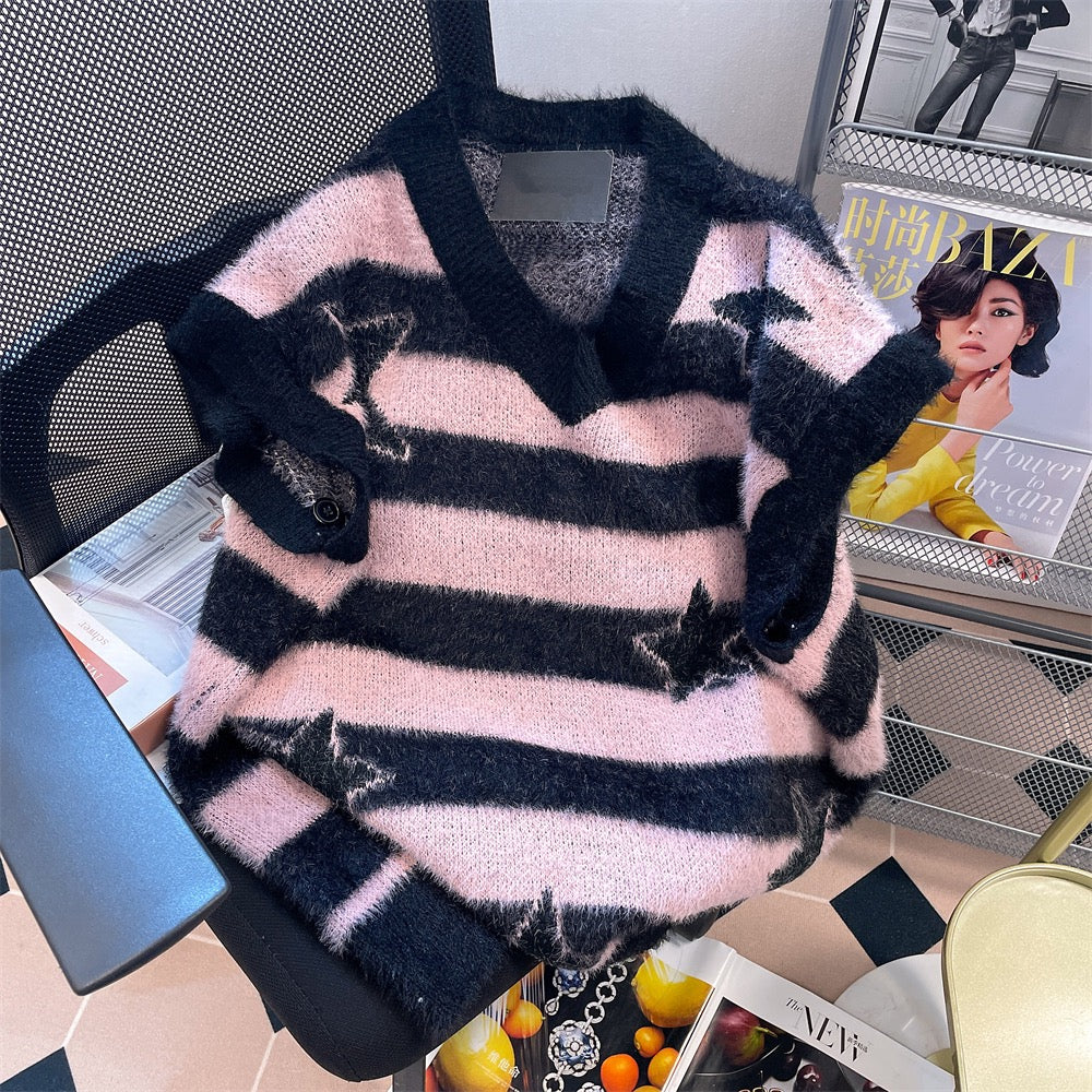 American retro design sense niche star striped v-neck sweater women's detachable sleeves mohair knitted top