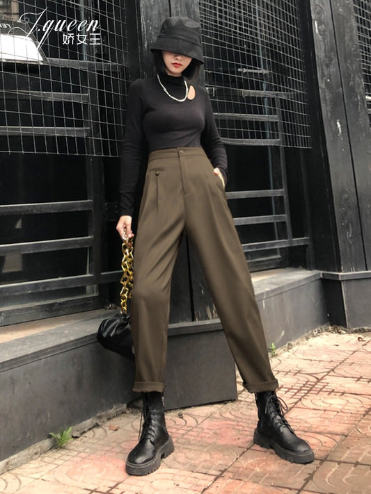 Harem pants women's high waist autumn and winter plus velvet new retro British style loose casual cigarette pipe rolled edge nine-point suit pants