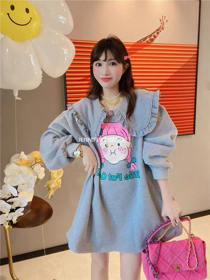 JENNIFER JXLIU Korea Dongdaemun Dong ~ gray fungus edge doll collar cartoon A-line skirt dress