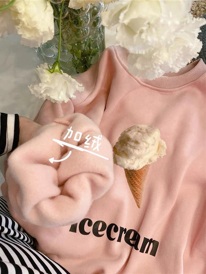 JENNIFER JXLIU Korean winter ~ Western pink ^ ice cream print pattern plus velvet loose sweater