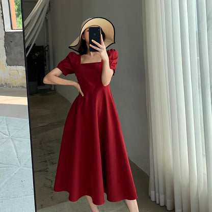 FT GUOGE red dress women's 2022 summer dress new square collar French retro temperament puff sleeves engagement dress