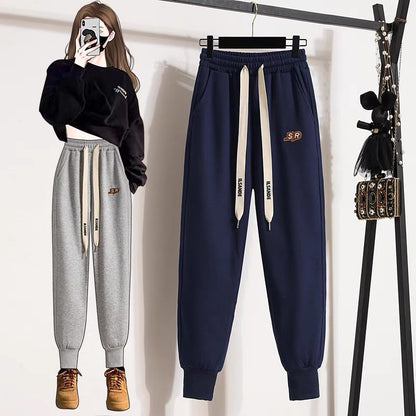 Autumn and winter new fleece sweatpants women's embroidered letter drawstring loose and thin casual harem trousers