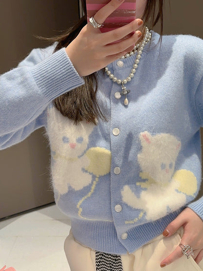 Thebestxue Korean version fashionable blue cat cardigan knitted jacket female 2022 new autumn and winter sweater cardigan