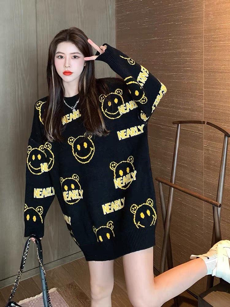 Bear All-match Sweater Women's Loose Korean Fashion Pullover Autumn and Winter Soft Waxy Knit Sweater Outer Wear Medium-Length Large Size