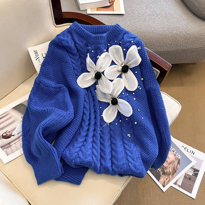 2022 autumn and winter new loose round neck pullover heavy industry foreign style three-dimensional flower beaded diamond sweater sweater women