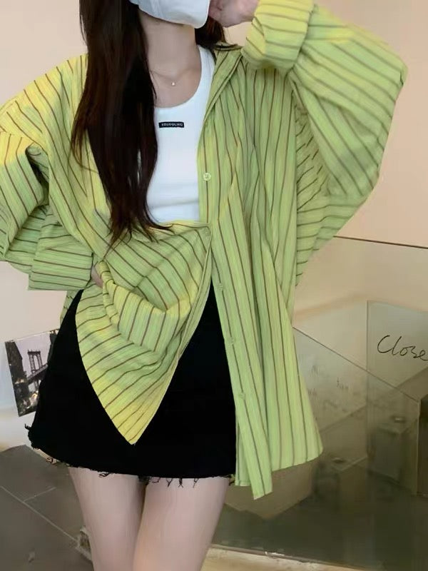 Kumikumi mid-length striped shirt jacket women's summer loose casual l – Lee  Nhi Boutique