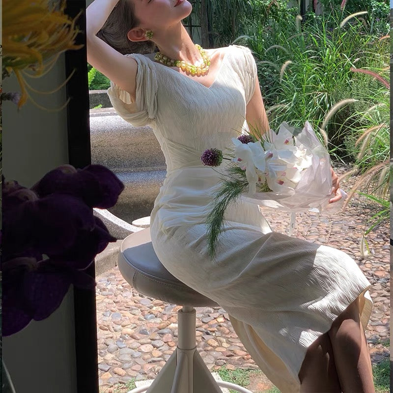 Xiaoli Downton Abbey 2.0v Collar Pack Hip Dress Summer French High Design Temperament Waist Tea Break Skirt