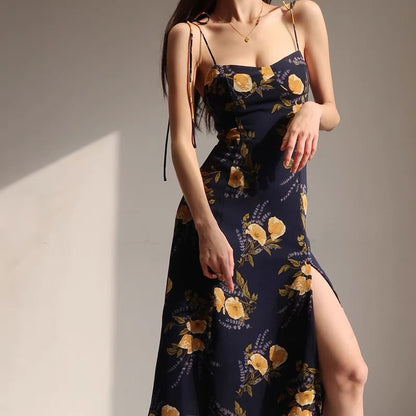 French retro orange floral suspender dress sexy lace waist slim side slit over the knee midi skirt