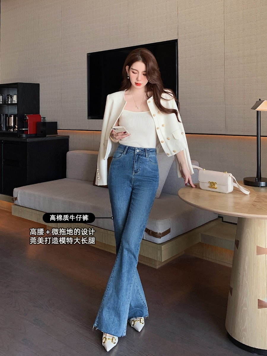 Mrs. Island song dark blue high waist thin straight tube flared jeans women's spring trousers with a sense of niche design