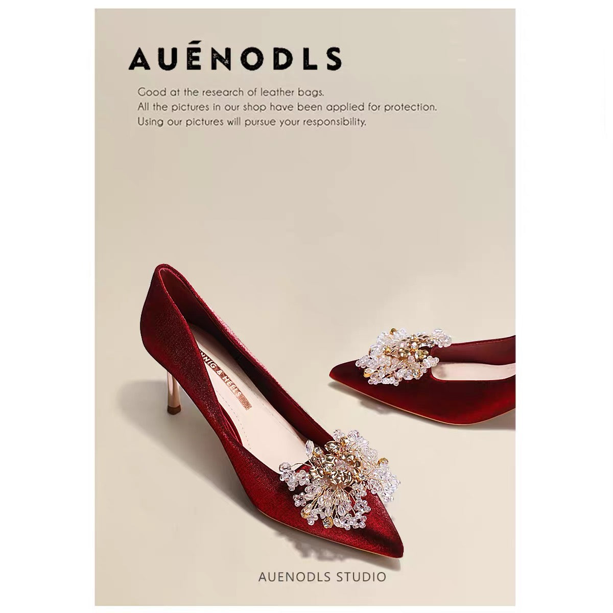 AUENODLS wine red rhinestone bow pointed high heels female stiletto Xiuhe two wear Chinese bridesmaid wedding shoes