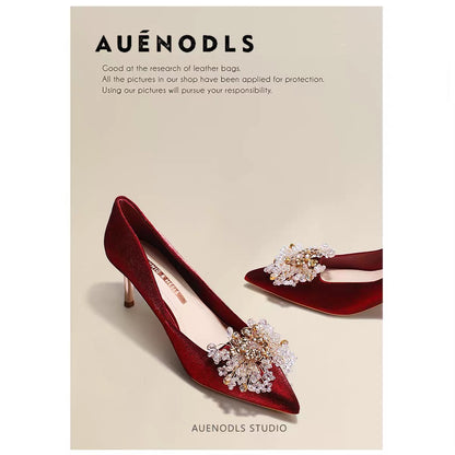 AUENODLS wine red rhinestone bow pointed high heels female stiletto Xiuhe two wear Chinese bridesmaid wedding shoes