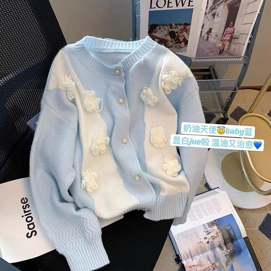 First-line big-name pick-up 2022 autumn small fragrance milk blue camellia long-sleeved knitted cardigan women's sweater jacket