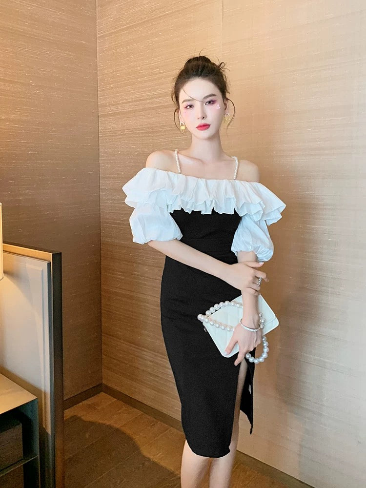 European station royal sister light familiar style temperament one-shoulder ruffled mid-length slit waist thin dress female summer