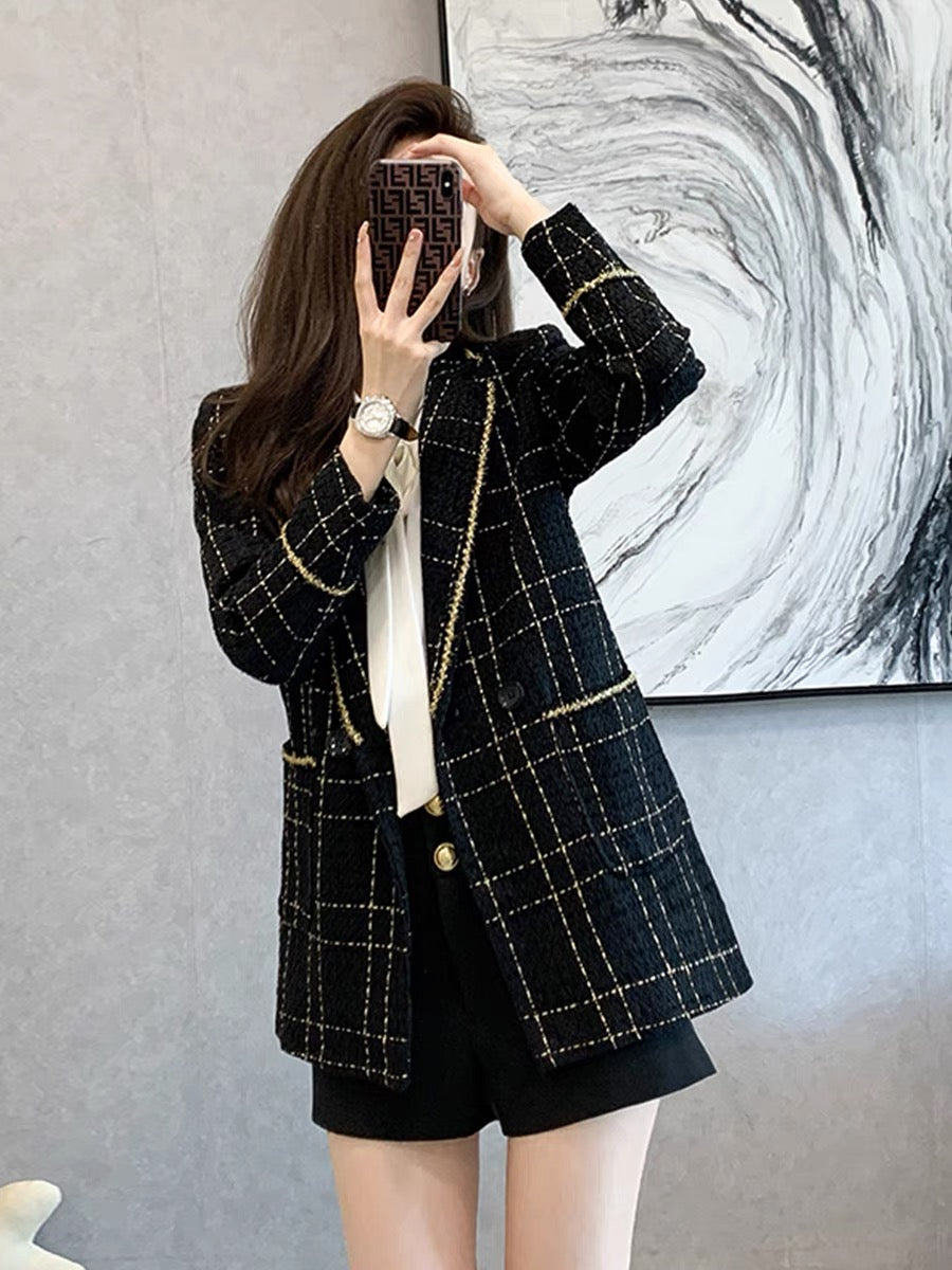 2022 spring new French retro British style slim fit and thin high-end tweed plaid suit jacket women